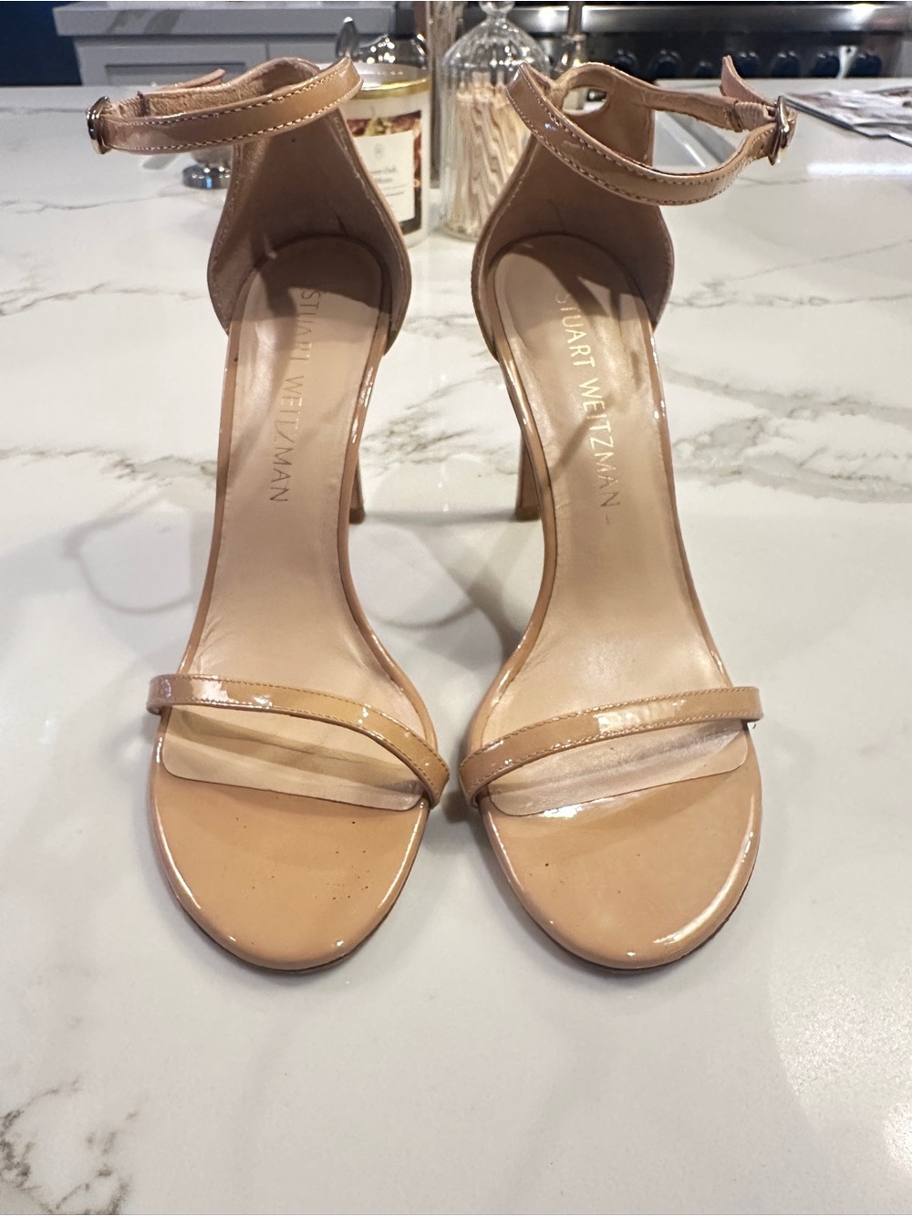 Stuart Weitzman Patent Leather Nude Ankle-Strap Heels